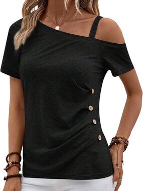 *3 FOR $9* Shein Short Sleeve Cut Out Shoulder Ruched Button Accent Shirt Top 12